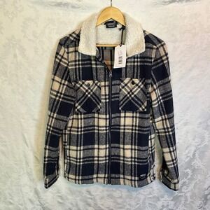 WESC Liam Navy Cream Plaid Sherpa Lined Zip Shacket Shirt Jacket L XL Streetwear